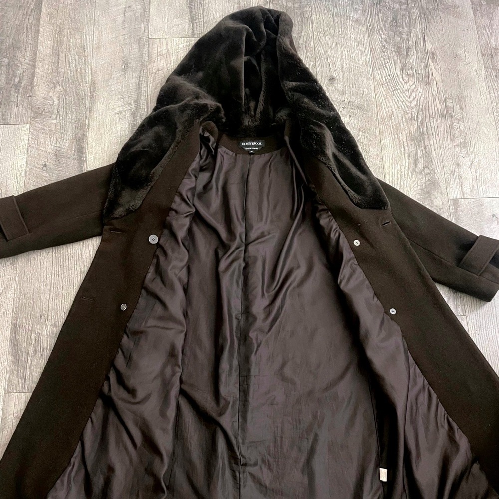 Donnybrook Dark Brown Wool Blend Faux Fur Lined Hooded Double Breasted Coat 12 - Picture 5 of 9